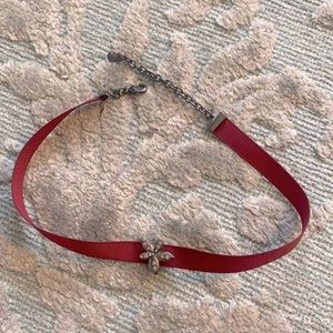 Wine Grossgrain Choker with Gunmetal Floral Charm